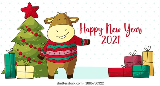 2021 HAPPY NEW YEAR Children's illustration. Chinese new year 2021 year of the ox