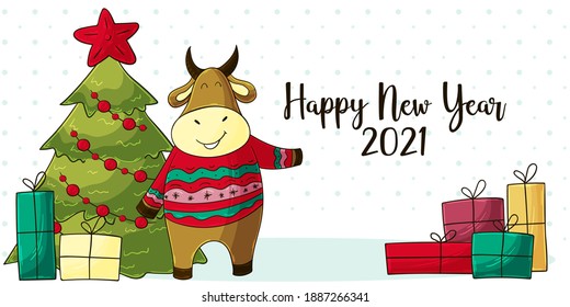 2021 HAPPY NEW YEAR Children's illustration. Chinese new year 2021 year of the ox