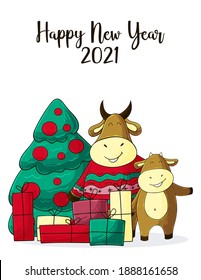 2021 HAPPY NEW YEAR Children's illustration. Chinese new year 2021 year of the ox