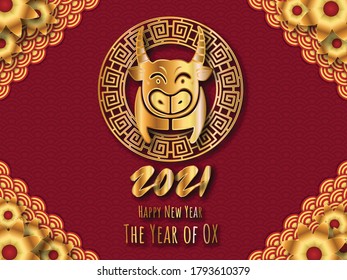 2021 Happy New year. Chinese new yeat.Year of the ox . golden ox on red background. vector illustration.