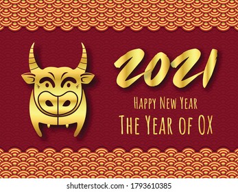 2021 Happy New year. Chinese new yeat.Year of the ox . golden ox on red background. vector illustration.