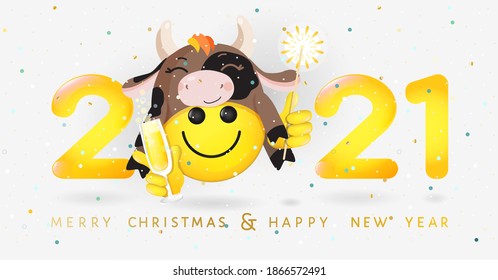 2021 Happy new Year, Chinese year of the ox, Merry Christmas greeting vector banner with emoji, emoticon in cow bull hat, holding a glass of champagne, sparkler. Number 2021 at snowy  white background