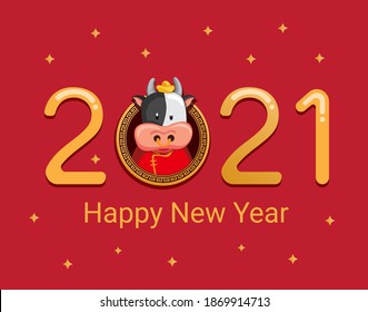 2021 happy new year with chinese zodiac metal cow character concept in cartoon illustration vector