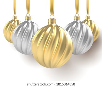 2021 Happy New Year. Christmas tree toys of silver and gold, spiral balls in white background. Vector illustration	