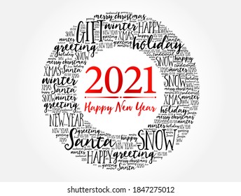 2021 Happy New Year. Christmas background word cloud, holidays lettering collage