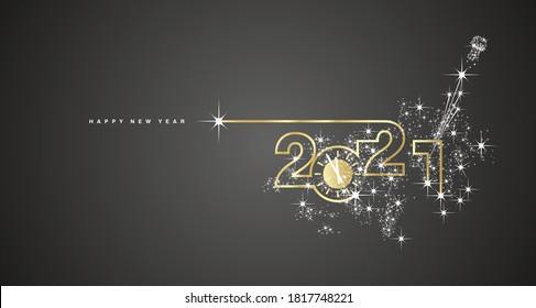 2021 Happy New Year clock line design sparkle firework champagne gold white black banner vector