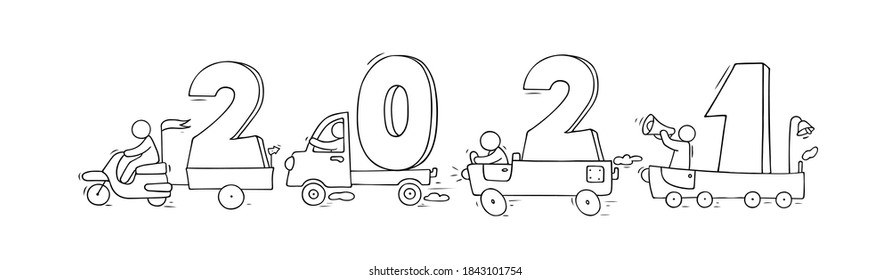 2021 Happy New Year concept with cars. Cartoon doodle illustration with liitle people prepare to celebration. Hand drawn vector for christmas design.