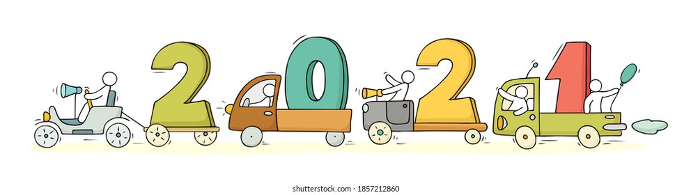 2021 Happy New Year concept with cars. Cartoon doodle illustration with liitle people prepare to celebration. Hand drawn vector for christmas design.