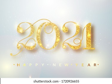 2021 Happy new year confetti falls. Gold Numbers Design of greeting card. Gold Shining Pattern. Happy New Year Banner with 2021 Numbers. Vector illustration.