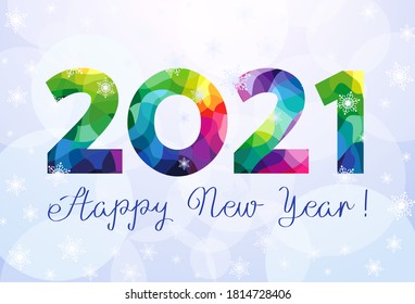 2021 A Happy New Year congrats concept. Stained glass logotype. Beautiful snowy backdrop. Abstract isolated graphic design template. Decorative numbers. Coloured digits. Creative colorful decoration.