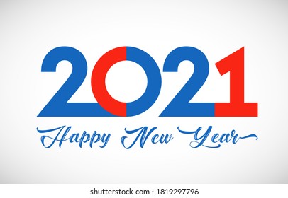 2021 A Happy New Year congrats concept. Classic logotype. Abstract isolated graphic design template. Red, blue, white colors. Decorative calligraphy. Coloured digits. Creative colorful decoration.