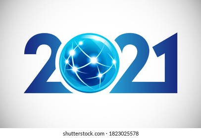 2021 A Happy New Year congrats concept. Modern style logotype. Abstract isolated graphic design template. Blue and white colors. Decorative sphere ball. Shiny digits. Creative Christmas 3D decoration.