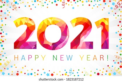 2021 A Happy New Year congrats concept. Stained glass logotype. Abstract isolated graphic design template. Decorative numbers. Coloured digits. Up to 20% percent off idea. Creative colorful decoration