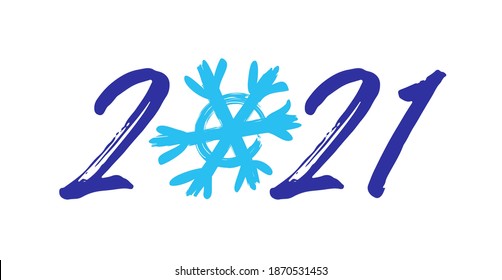 2021 Un concepto de Feliz Año Nuevo. Logotipo en estilo de cepillado. Fondo blanco. Resumen de plantilla de diseño gráfico aislado. Cartel decorativo. Escribiendo dígitos estilizados, nieve. Decoración web creativa