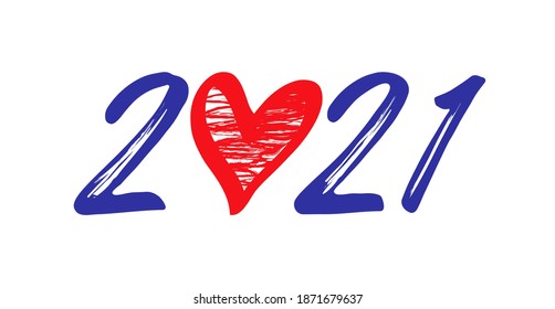 2021 A Happy New Year congrats concept. Logotype in brushing style. White backdrop. Abstract isolated graphic design template. Decorative banner. Writing stylized love digits. Creative web decoration.