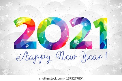 2021 A Happy New Year congrats concept. Stained glass logotype. Beautiful snowy backdrop. Abstract isolated graphic design template. Decorative numbers. Coloured digits. Creative colorful decoration.