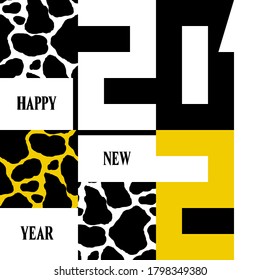 2021 happy new year and cow pattern Poster creative concept. Minimalistic trendy design template with geometric numbers 2021 for season celebration, cover, banner, logo, postcards.