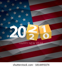 2021 Feliz año nuevo diseño creativo fondo o tarjeta de saludo con texto. vectores 2021 números de año nuevo aislados en el fondo de la bandera de ee.uu.