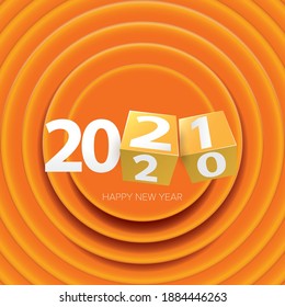 2021 Feliz año nuevo diseño creativo fondo o tarjeta de saludo con texto. vectorial 2021 números de año nuevo aislados en fondo naranja abstracto