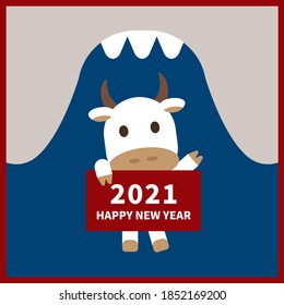 2021 happy new year with cute cartoon ox and Mount Fuji, Fuji san.