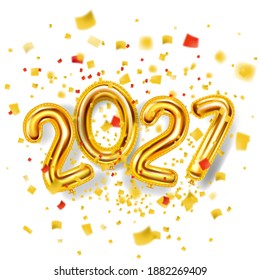 2021 Happy New Year decoration holiday background. Gold realistic 3d balloons foil metallic numbers explosion of glitter gold confetti. Vector illustration celebrate festive party, poster, banner