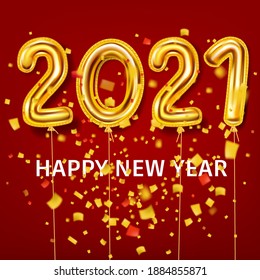 2021 Happy New Year decoration holiday background. Gold realistic 3d balloons foil metallic numbers explosion of glitter gold confetti. Vector illustration celebrate festive party, poster, banner