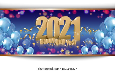  2021 Happy New Year design,  illustration of 3d golden 2021 logo numbers and happy new year on colorful background, NY celebration invitation.