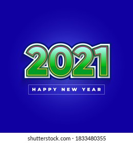 2021 happy new year design. Numbers in green and text on blue background. 