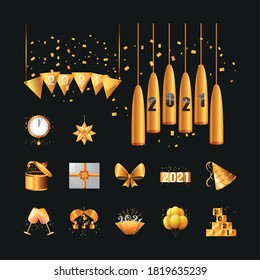2021 happy new year detailed style symbols set design, Welcome celebrate and greeting theme Vector illustration