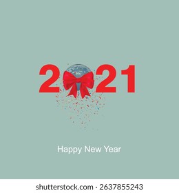 2021 happy New Year earth globe with ribbon and confetti’s, vector illustration
