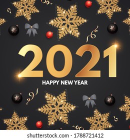 2021 Happy New Year Elegant holiday decoration with gold snowflakes, red and black balls, year numbre and lights.