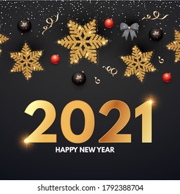 2021 Happy New Year Elegant holiday decoration with gold snowflakes, red and black balls, year numbre and lights.