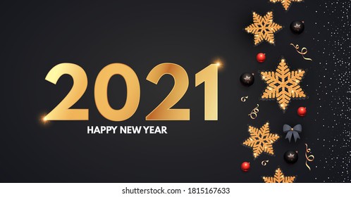 2021 Happy New Year Elegant holiday decoration with gold snowflakes, red and black balls, year numbre and lights.