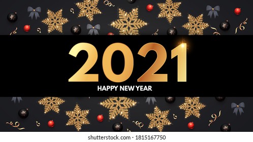 2021 Happy New Year Elegant holiday decoration with gold snowflakes, red and black balls, year numbre and lights.