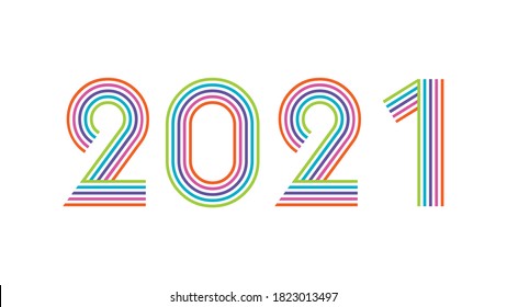 2021 Happy New Year elegant design. Graphic of golden 2021 logo numbers on white background. Colorful line typography for 2021 designs and new year celebration.