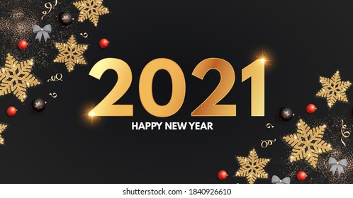 2021 Happy New Year Elegant holiday decoration with gold snowflakes, red and black balls, year numbre and lights.