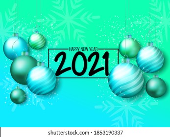 2021 Happy New Year Elegant Background. Gold Text and Decorative Bauble, Confetti. Vector illustration.