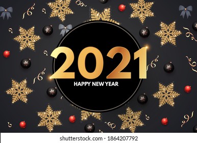 2021 Happy New Year Elegant holiday decoration with gold snowflakes, red and black balls, year numbre and lights.