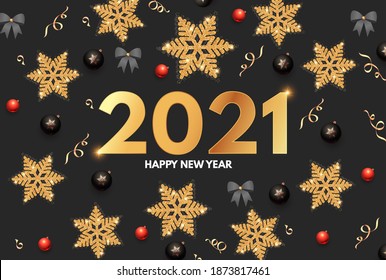 2021 Happy New Year Elegant holiday decoration with gold snowflakes, red and black balls, year numbre and lights.