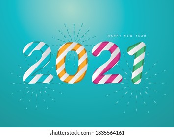 2021 Happy new year with fireworks and striped design, Welcome celebrate and greeting theme Vector illustration
