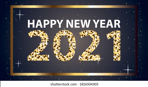 2021 Happy new year in frame with stars gold style design, Welcome celebrate and greeting theme Vector illustration