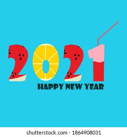 2021 happy new year fruit style design. 2021 and organizer with tropical fruits.