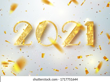 2021 Happy new year. Gold Numbers Design of greeting card of Falling Shiny Confetti. Gold Shining Pattern. Happy New Year Banner with 2021 Numbers on Bright Background. Vector illustration.