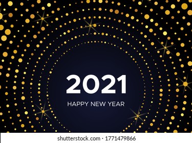 2021 Happy New Year of gold glitter pattern in circle form. Abstract gold glowing halftone dotted background for Christmas holiday greeting card on dark background. Vector illustration