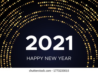 2021 Happy New Year of gold glitter pattern in circle form. Abstract gold glowing halftone dotted background for Christmas holiday greeting card on dark background. Vector illustration