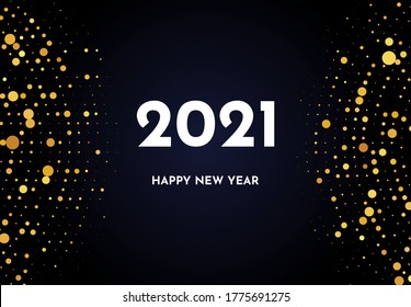2021 Happy New Year of gold glitter pattern in circle form. Abstract gold glowing halftone dotted background for Christmas holiday greeting card on dark background. Vector illustration