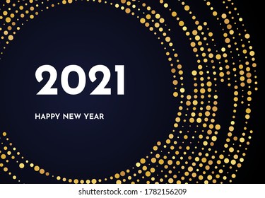 2021 Happy New Year of gold glitter pattern in circle form. Abstract gold glowing halftone dotted background for Christmas holiday greeting card on dark background. Vector illustration