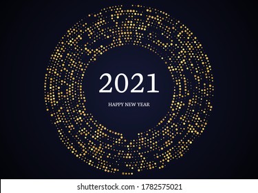 2021 Happy New Year of gold glitter pattern in circle form. Abstract gold glowing halftone dotted background for Christmas holiday greeting card on dark background. Vector illustration