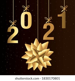 2021 Happy new year with gold gift bow hanging design, Welcome celebrate and greeting theme Vector illustration