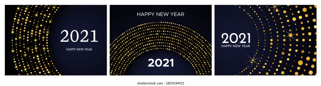 2021 Happy New Year of gold glitter pattern in circle form. Set of three abstract gold glowing halftone dotted backgrounds for Christmas holiday greeting card on dark background. Vector illustration